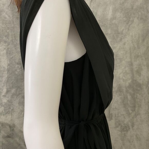 Anthropologie Draped LBD midi Dress women’s 4 Black Crepe V Neck /back cinch tie - Picture 4 of 15